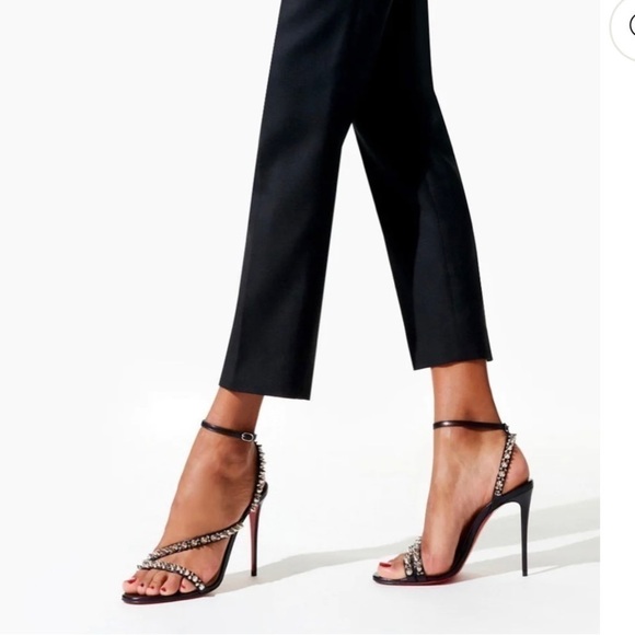 CHRISTIAN Louboutin Mafaldina 100mm silver spikes sandals EU38.5 Napa black lthr - Picture 6 of 12